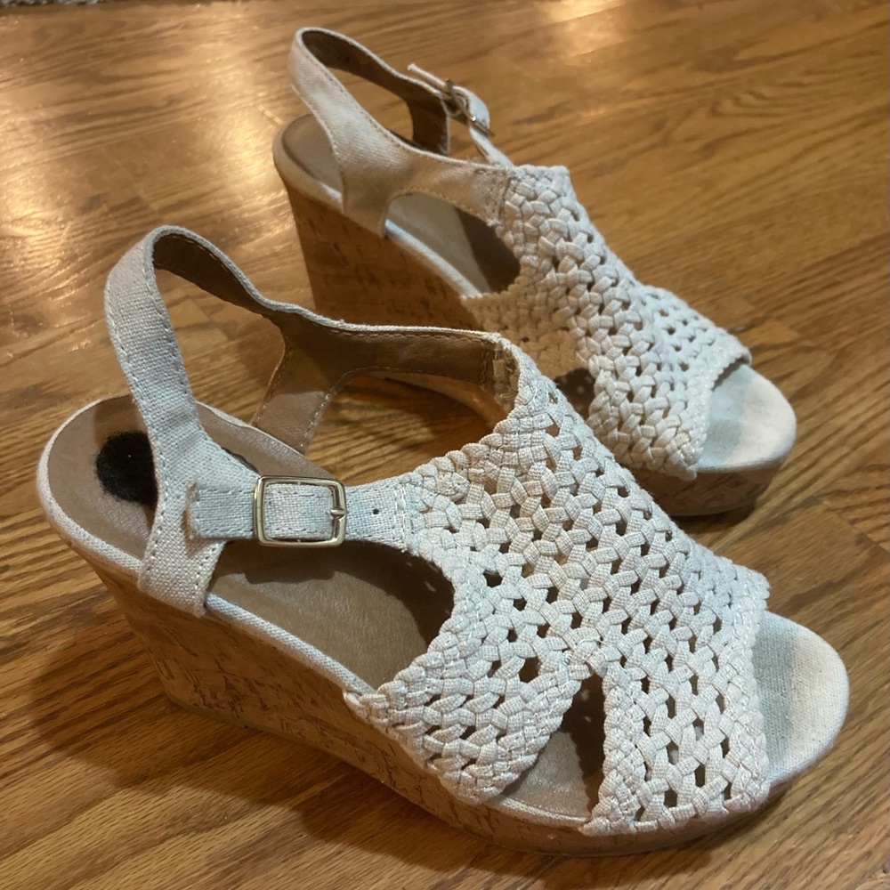 Cork wedges tall heels woven canvas with buckles